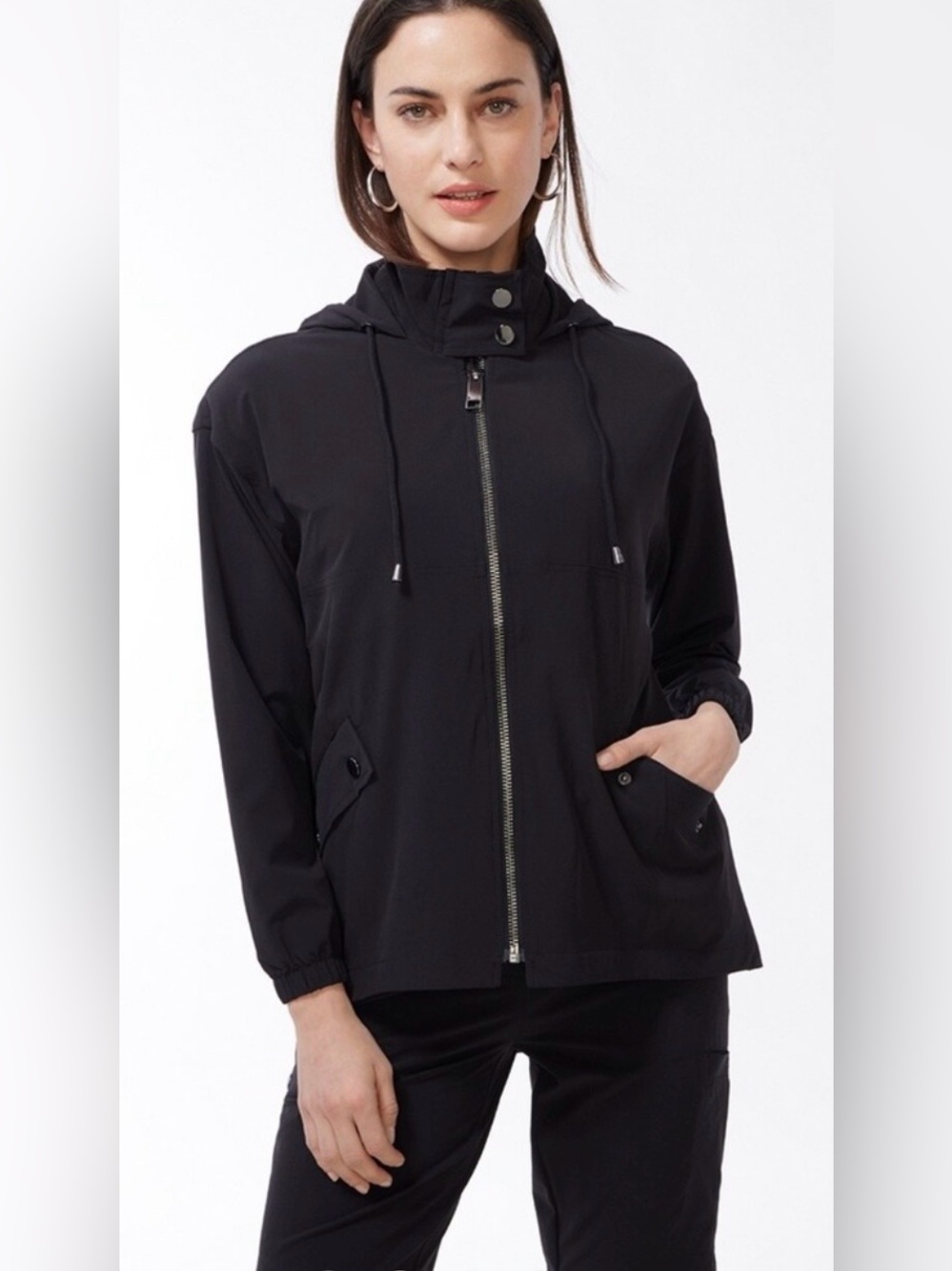 Chicos Zenergy Blk hooded full frnt zp hi low hem jacket SZ 2 L